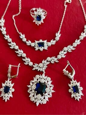 Moissanite Sapphire-Center Sterling  Silver Necklace, Earrings & Ring Set